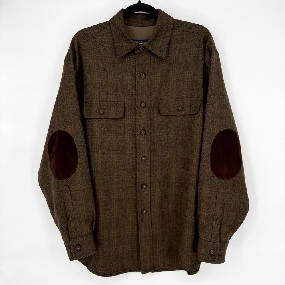 Brooks Brothers Worsted Wool Brown Plaid Shirt Jacket Elbow Patches Men’s Medium